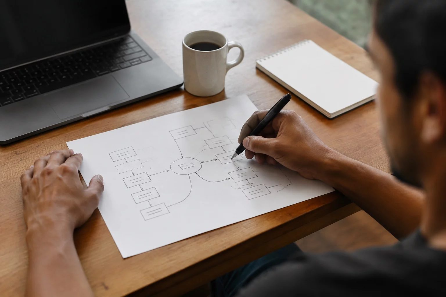 Vista de cima de uma mesa com um diagrama de lógica desenhado à mão