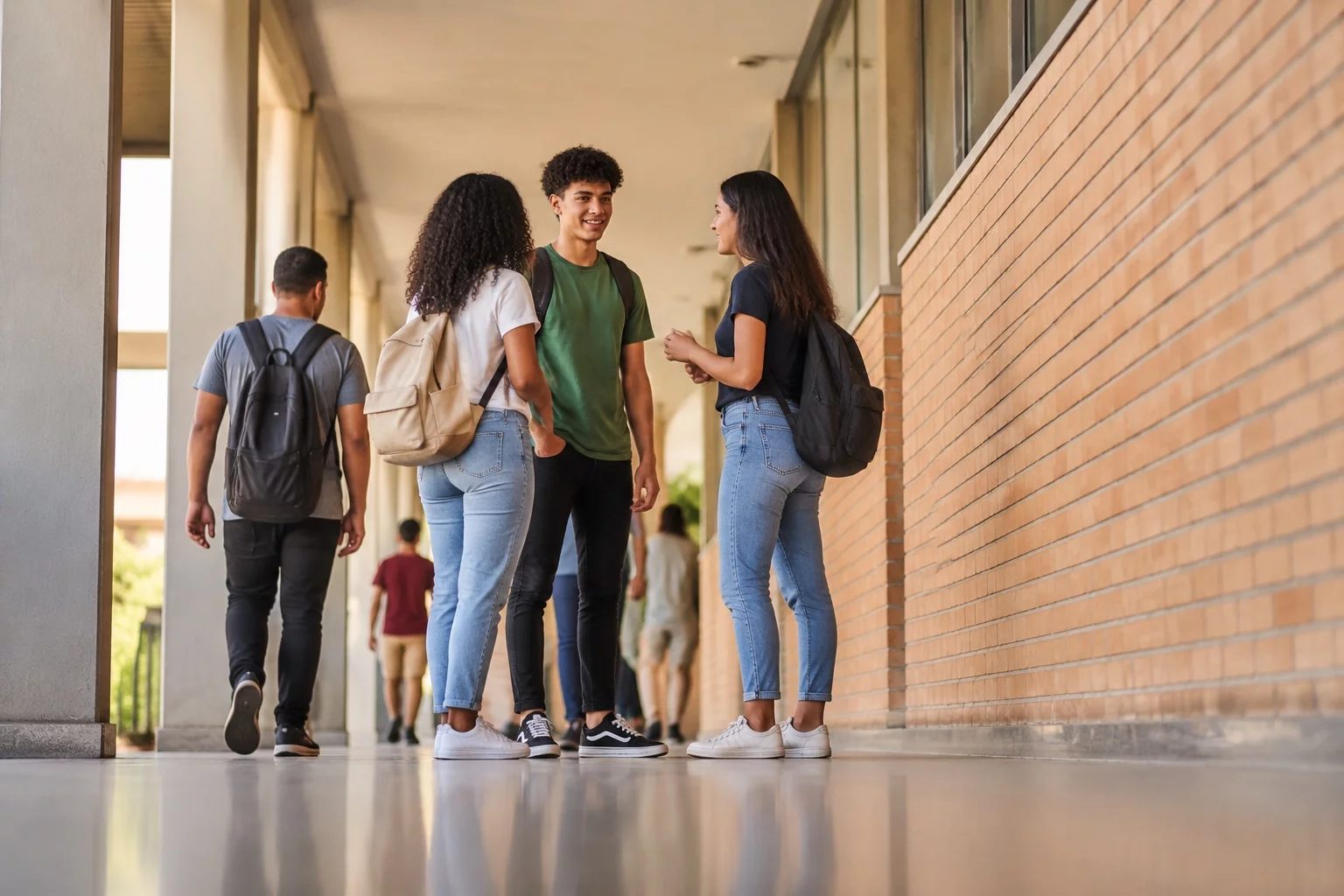 Estudantes com mochilas conversando no corredor de uma universidade
