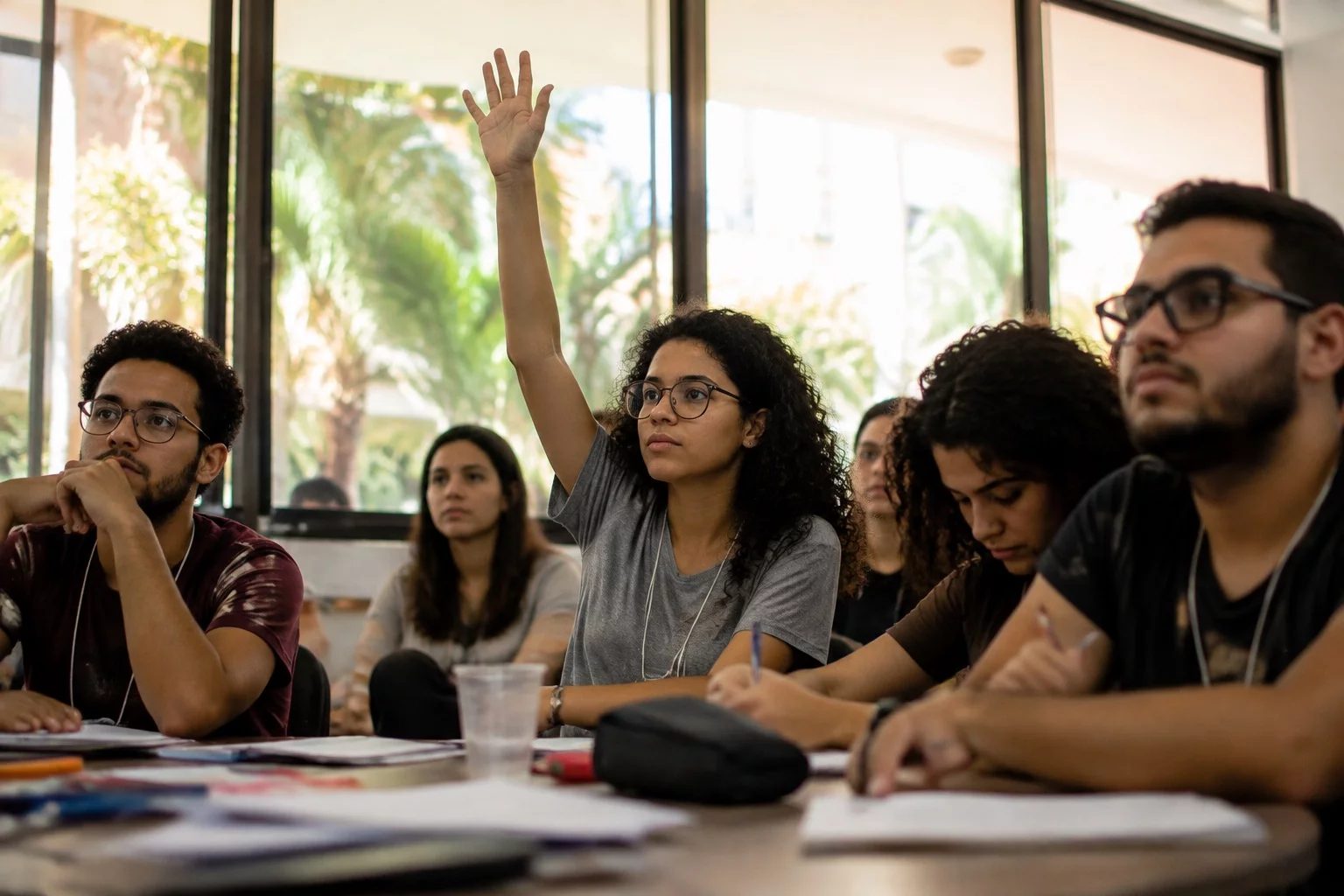 Estudante levantando a mão em uma mesa de seminário coberta de anotações