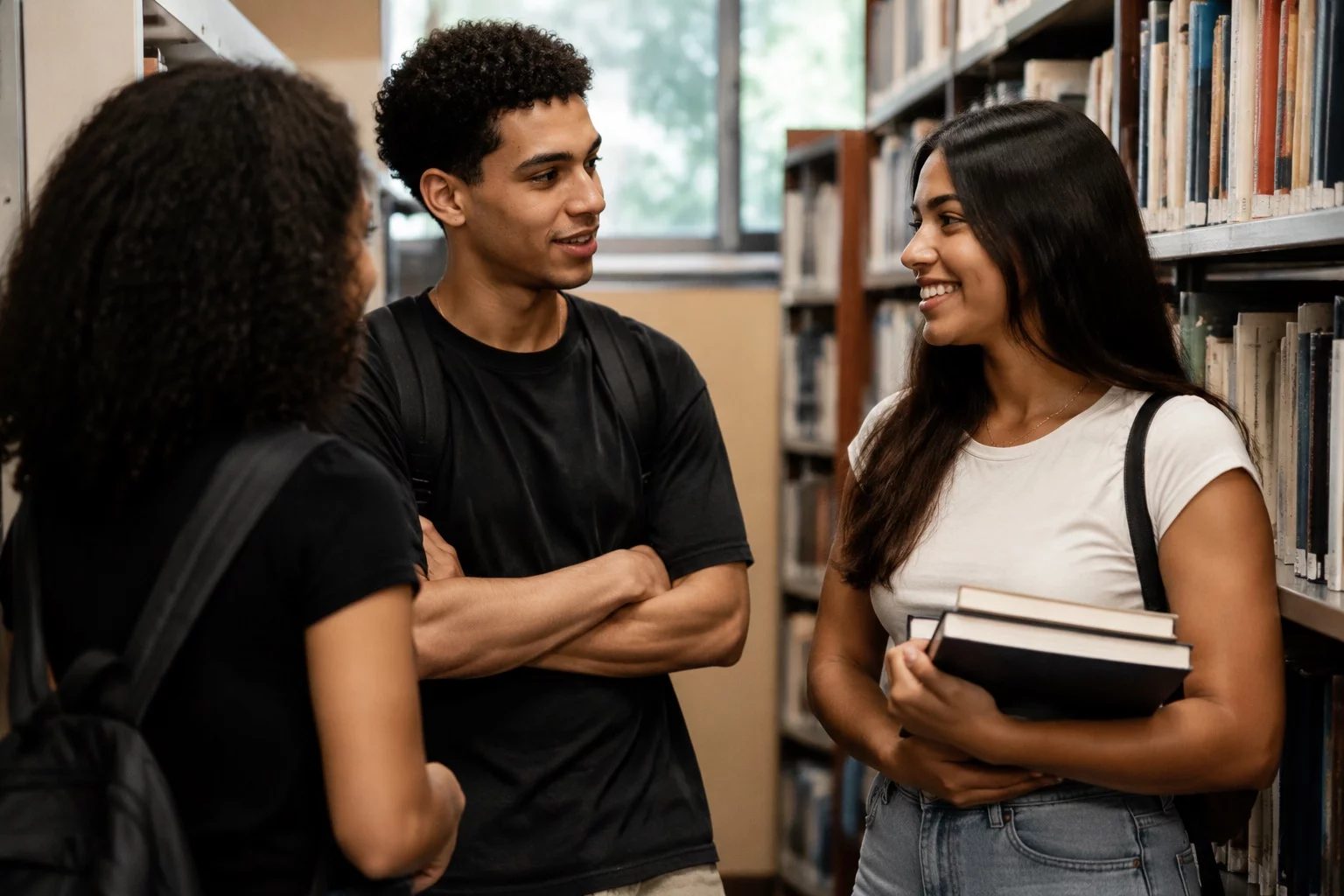 Estudantes conversando em pé entre as estantes de uma biblioteca