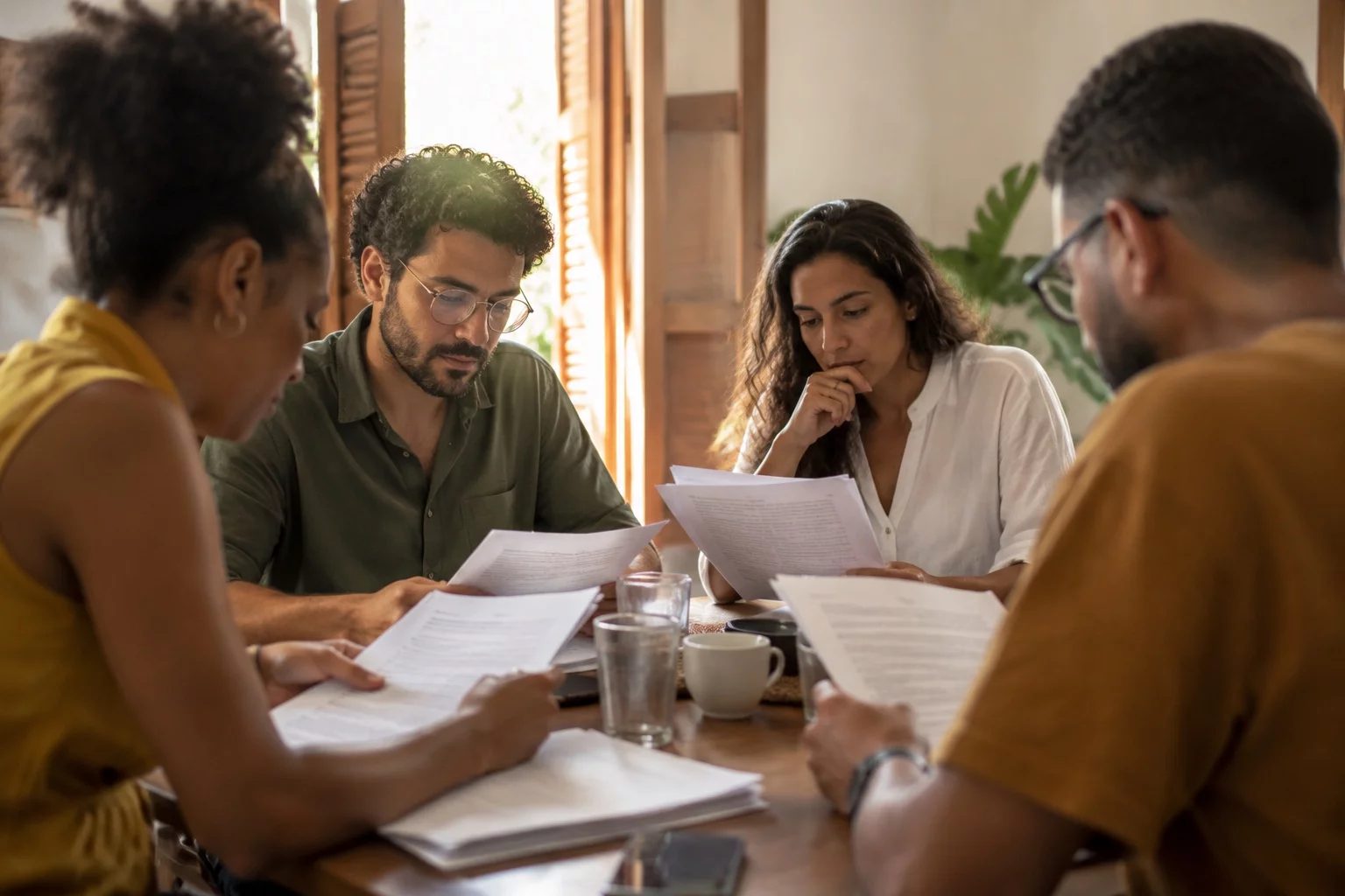 Grupo pequeno lendo páginas impressas de argumentos ao redor de uma mesa