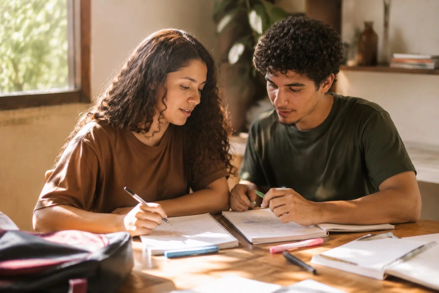Dois estudantes preparando um debate com cadernos e marcadores