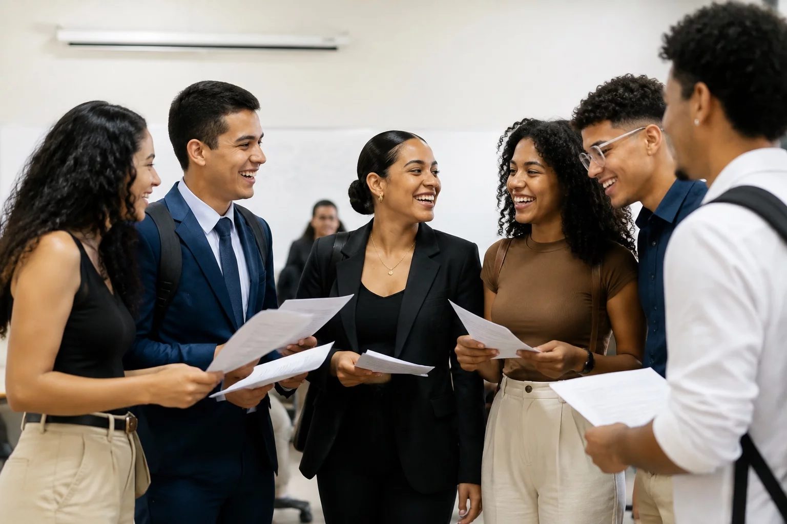 Grupo sorrindo após uma rodada de debate, com papéis nas mãos